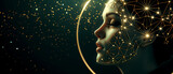 Advertising banner for a cosmetology clinic. golden threads cover the face of a beautiful woman. golden particles, golden waves. dark background