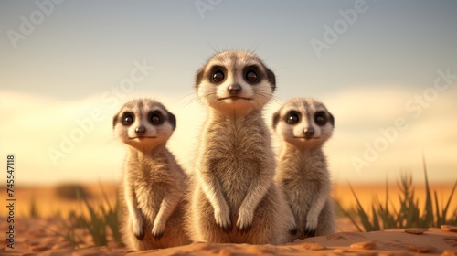 Generative AI Curious meerkats standing alert in the desert. photo
