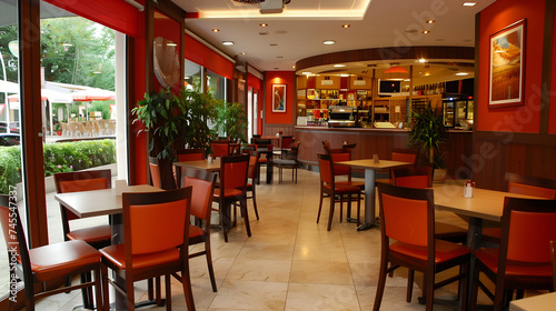Interior of a restaurant with red chairs and tables. Nobody inside
