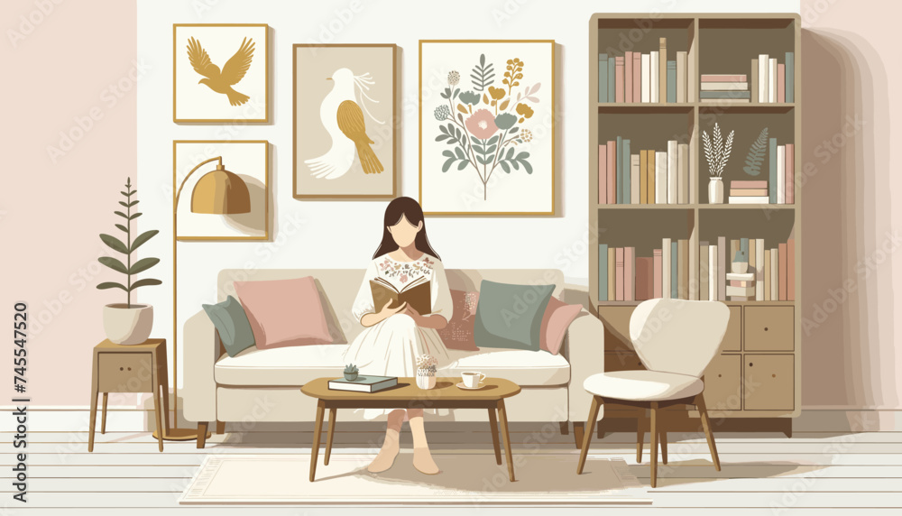 Fototapeta premium Concept of image of people happily reading book. Vector illustration.