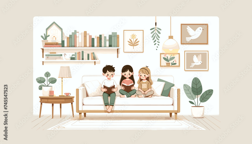 Concept of image of people happily reading book. Vector illustration.