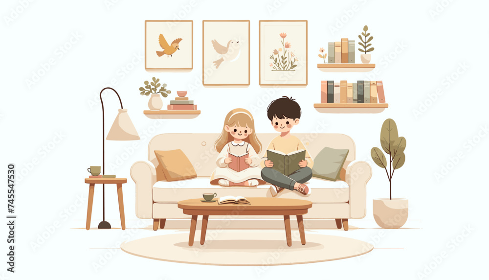 Concept of image of people happily reading book. Vector illustration.