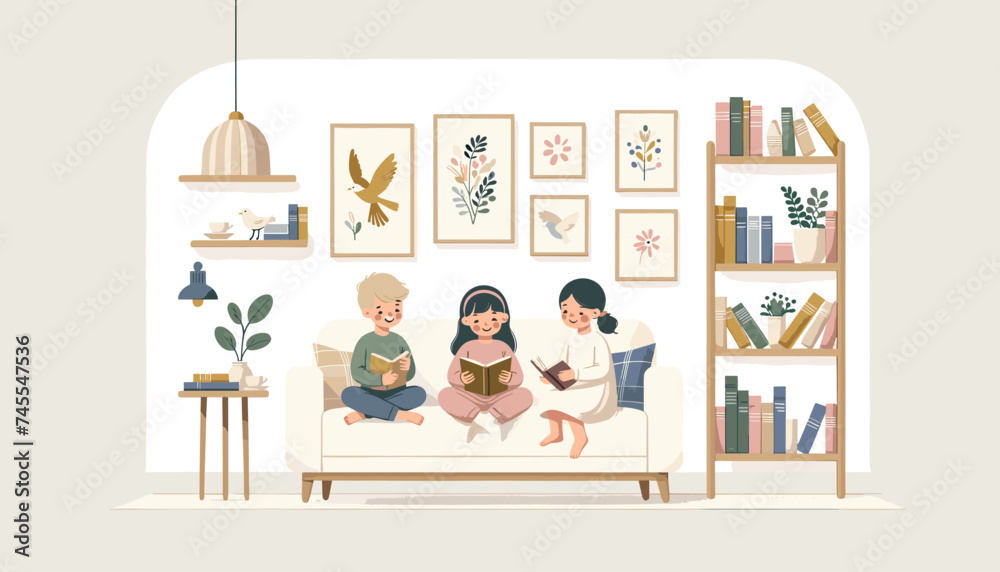 Concept of image of people happily reading book. Vector illustration. Concept of image of people happily reading book. Vector illustration.