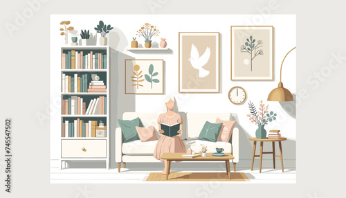 Concept of image of people happily reading book. Vector illustration.
