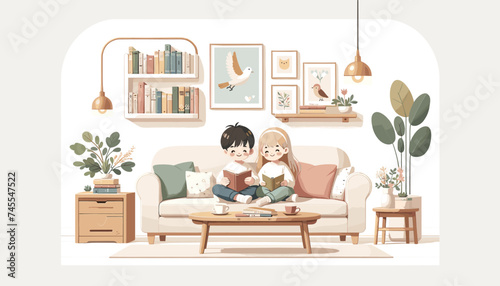 Concept of image of people happily reading book. Vector illustration.