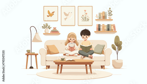 Concept of image of people happily reading book. Vector illustration.