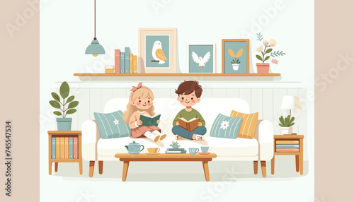 Concept of image of people happily reading book. Vector illustration.