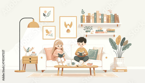 Concept of image of people happily reading book. Vector illustration.