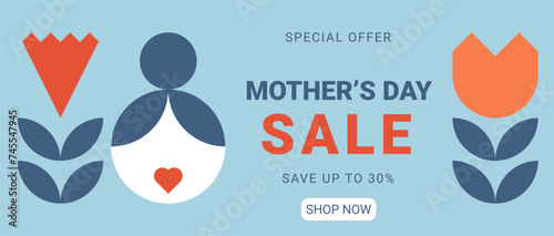 Happy Mothers, Moms Day. Trendy geometric shapes flower carnation, silhouette woman or girl. Holiday card for event promo or congratulation. Minimalistic vector illustration