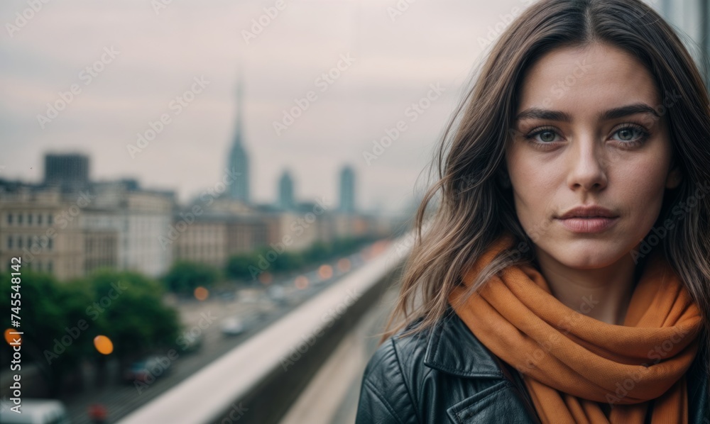 A serious young woman in a leather jacket and orange scarf stares directly at the camera in front of a blurry cityscape.