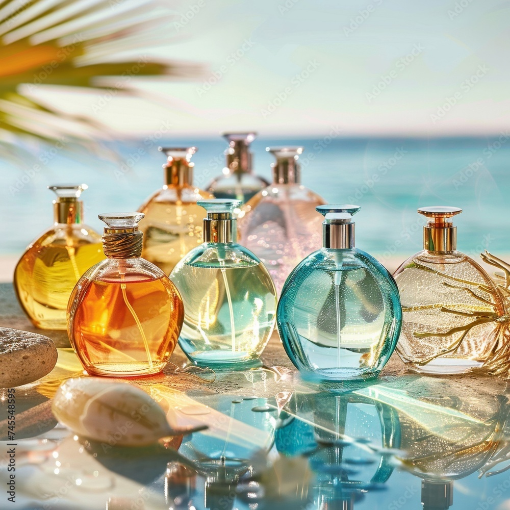 Sunlit collection of summer fragrance bottles light an airy scents Sunlit collection of summer fragrance bottles light an airy scents