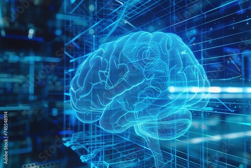 Wireframe image of brain, blue background, 3D rendering, technology, concept, brain scan, modern line art. Hi-Tech Futuristic 