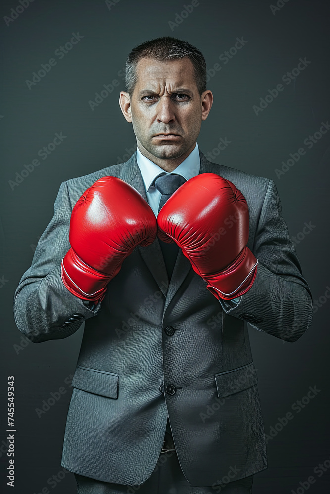 Business Battleground: A Businessman Ready for the Corporate Fight Wearing Boxing Gloves Business Battleground: A Businessman Ready for the Corporate Fight Wearing Boxing Gloves