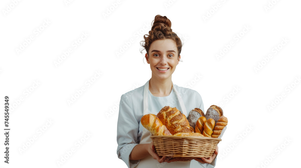 Female baker with basket of bread, white apron, professional baker's attire against transparent background Female baker with basket of bread, white apron, professional baker's attire against transparent background