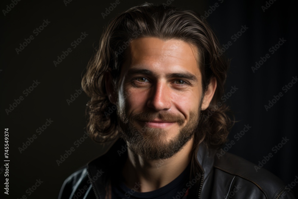Portrait of a handsome man with long hair and beard on dark background