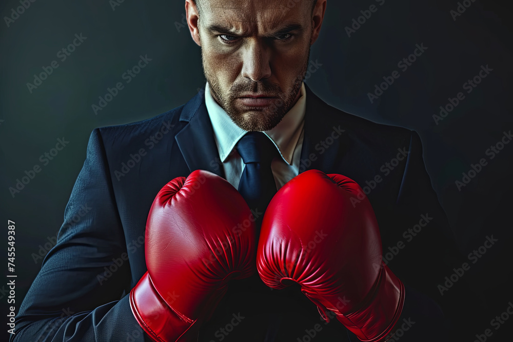 Business Battleground: A Businessman Ready for the Corporate Fight Wearing Boxing Gloves Business Battleground: A Businessman Ready for the Corporate Fight Wearing Boxing Gloves