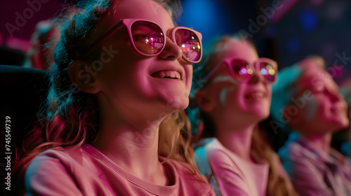 happy girls in pink glasses looking at screen during movie in cinema hall