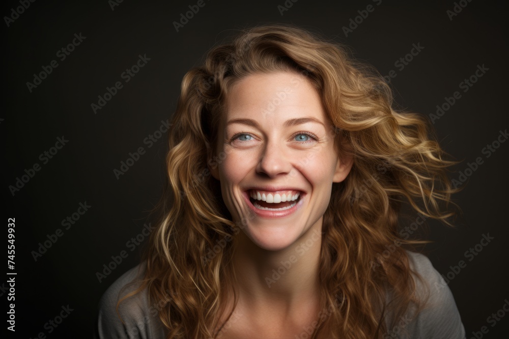 Portrait of a happy young woman with curly hair on a dark background Portrait of a happy young woman with curly hair on a dark background