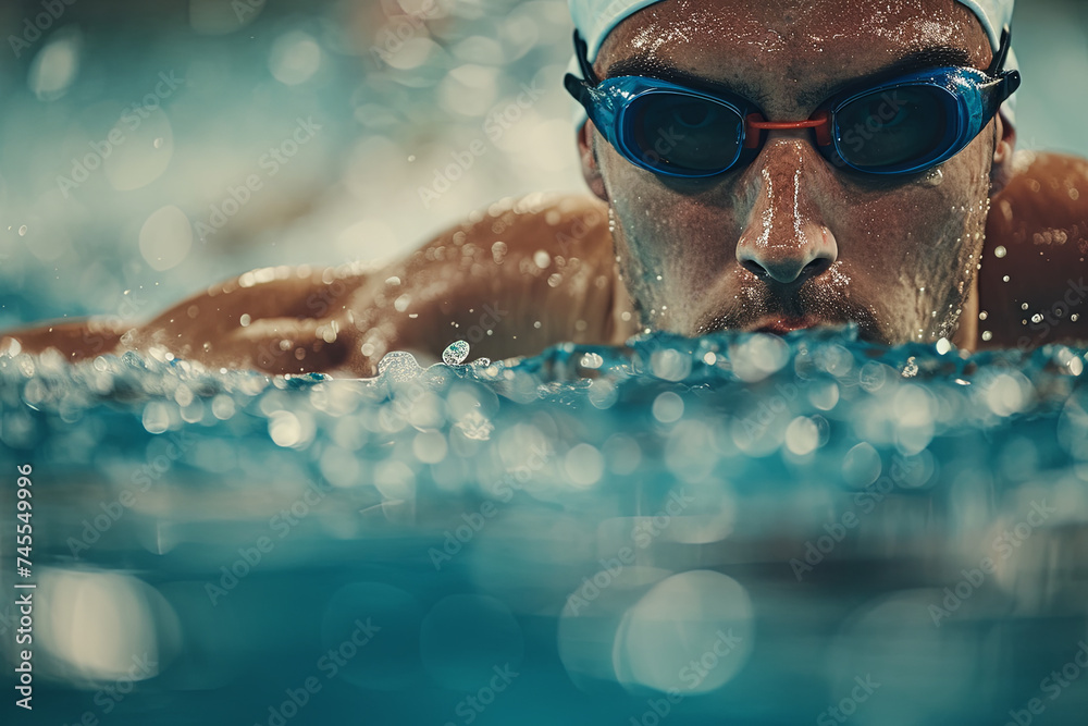 Fototapeta premium Man in a Competition-Ready Swimming Pool, Focused on Training and Energy
