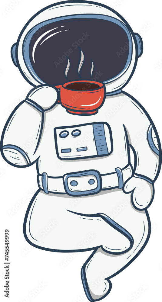 Cartoon of an astronaut floating in space in a visor and suit drinking coffee