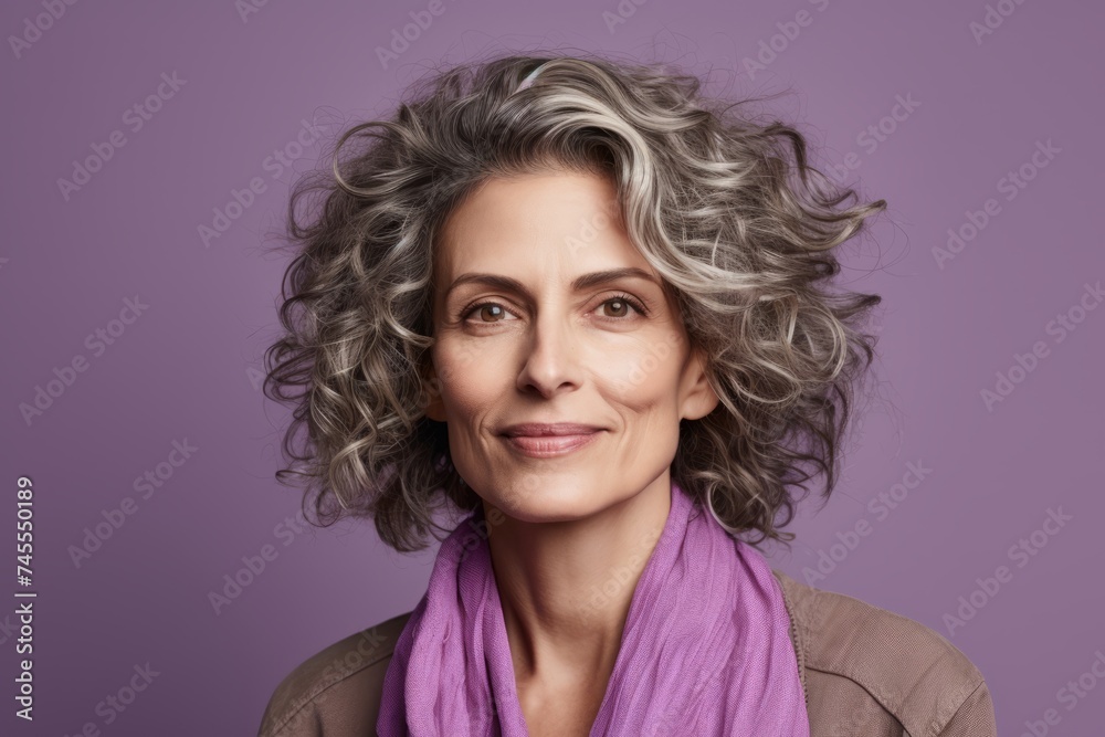 Portrait of beautiful middle aged woman with curly hair on purple background Portrait of beautiful middle aged woman with curly hair on purple background