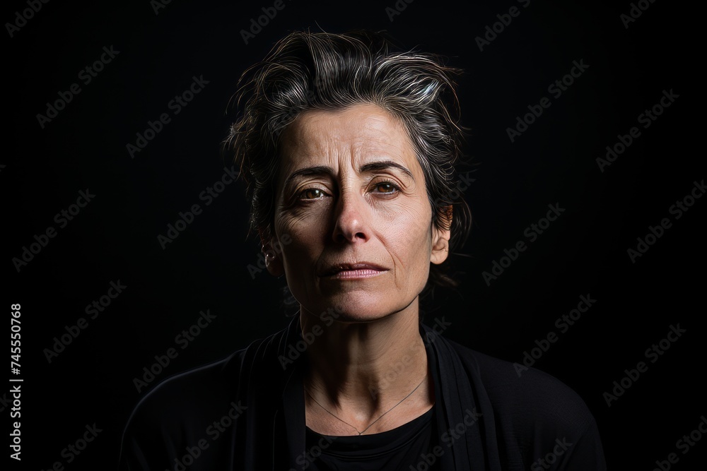 Portrait of a sad middle aged woman looking at camera on black background