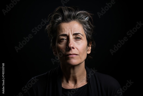 Portrait of a sad middle aged woman looking at camera on black background