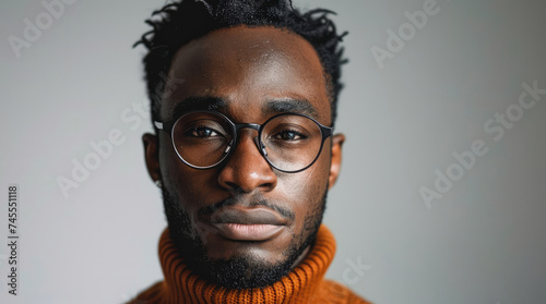 Portrait of handsome Afro-American man with glasses and beard. Copy space for text, advertising, message, logo. © CFK