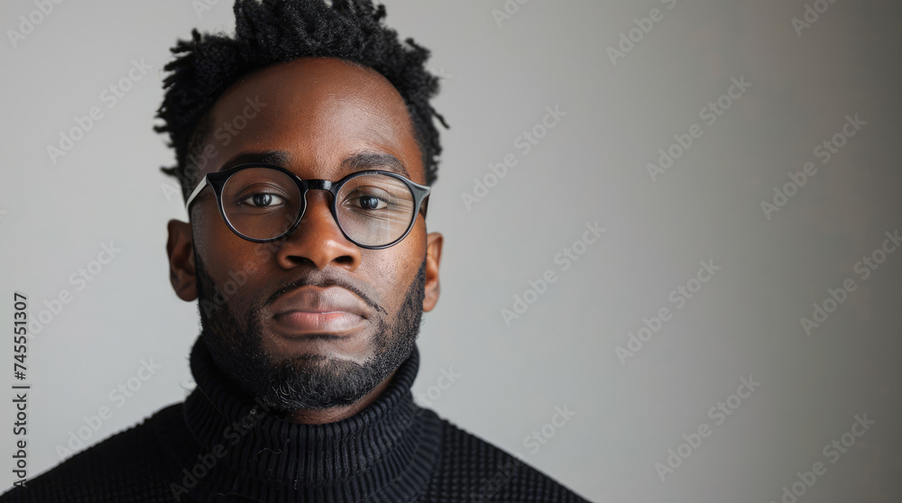 Portrait of handsome Afro-American man with glasses and beard. Copy space for text, advertising, message, logo. - obrazy, fototapety, plakaty 