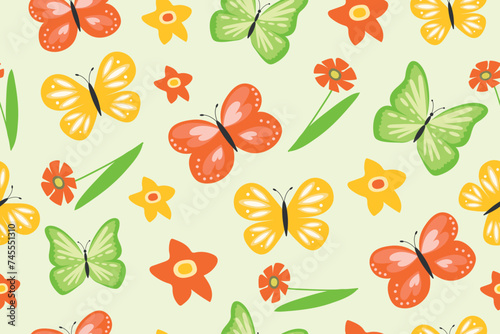 Seamless pattern with butterflies and flowers. Spring background.