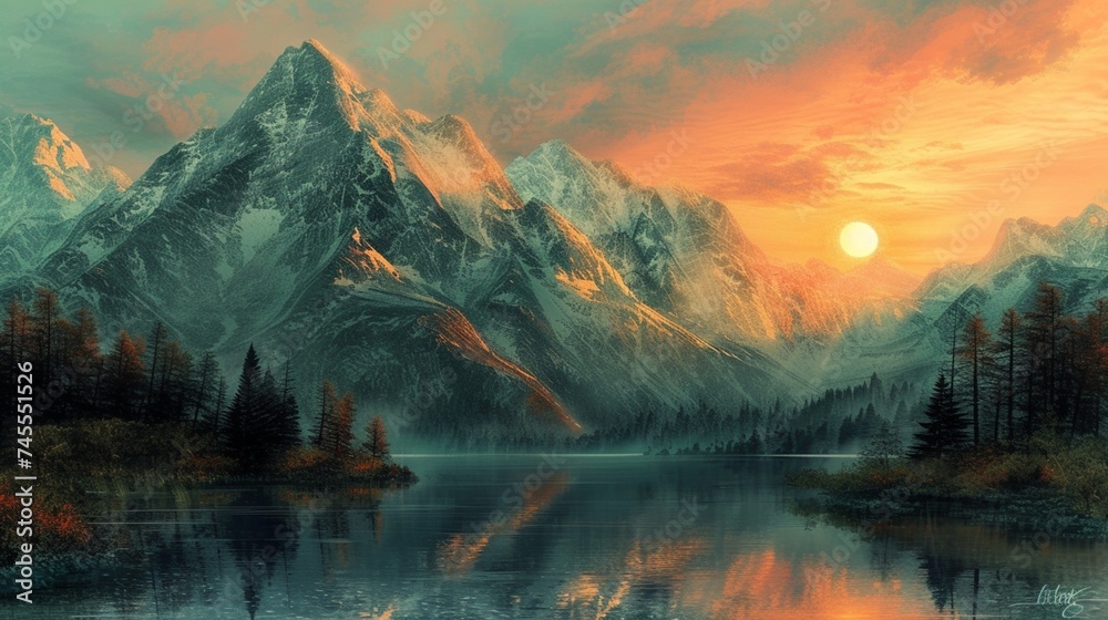 Generate an image of a majestic mountain range with a tranquil lake below, bathed in the warm glow of a sunset, showcasing the beauty of emerald and brown tones - obrazy, fototapety, plakaty 