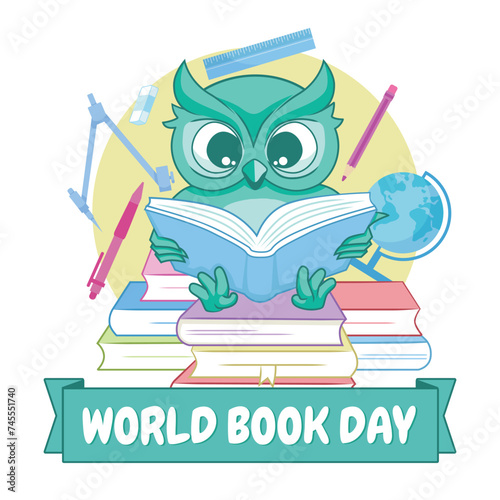World Book Day Design Illustration by Owl Reading A Book
