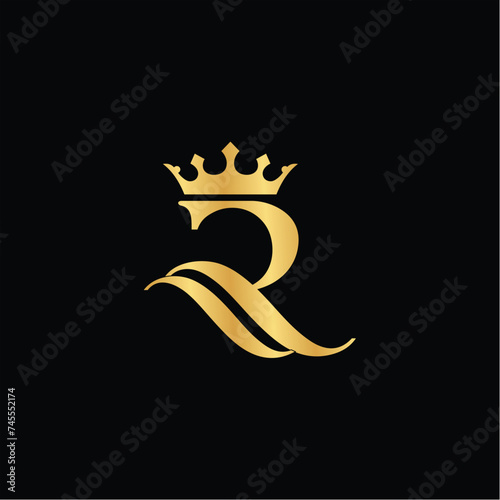 Gold Icon Letter R Logo. Crown of kings and queens with the logo icon R Initial Letter R Design Vector Luxury Golden