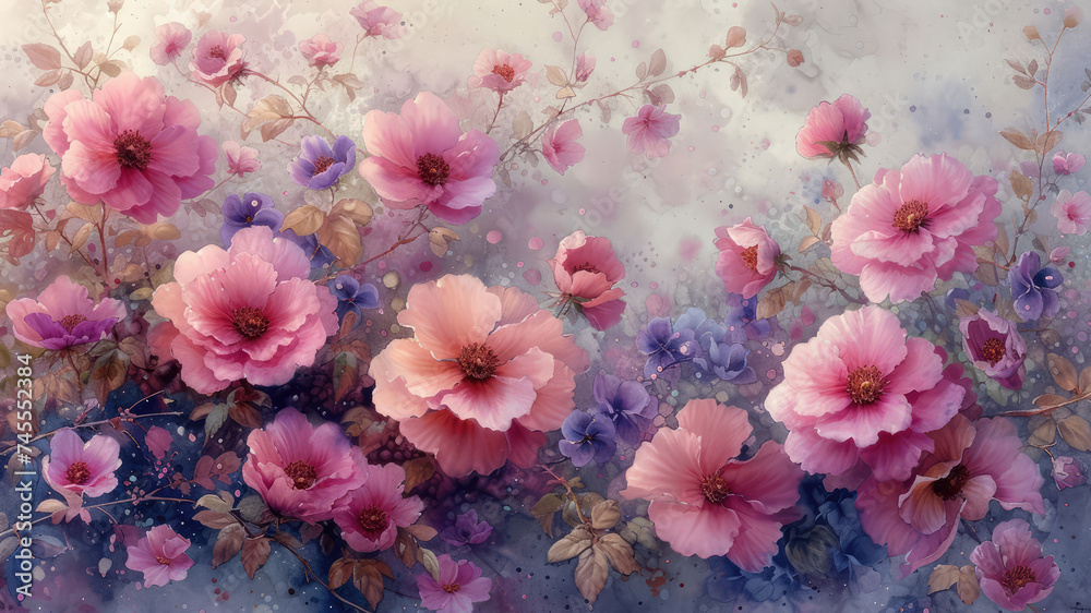 Watercolor illustration of pink flowers in the garden, blossom in spring. Template for celebration, invitation, greeting card Watercolor illustration of pink flowers in the garden, blossom in spring. Template for celebration, invitation, greeting card