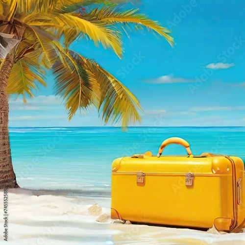 big yellow suitcase on the sandy shore of a marvelous blue ocean, blue sky, palm tree © Igor Voron