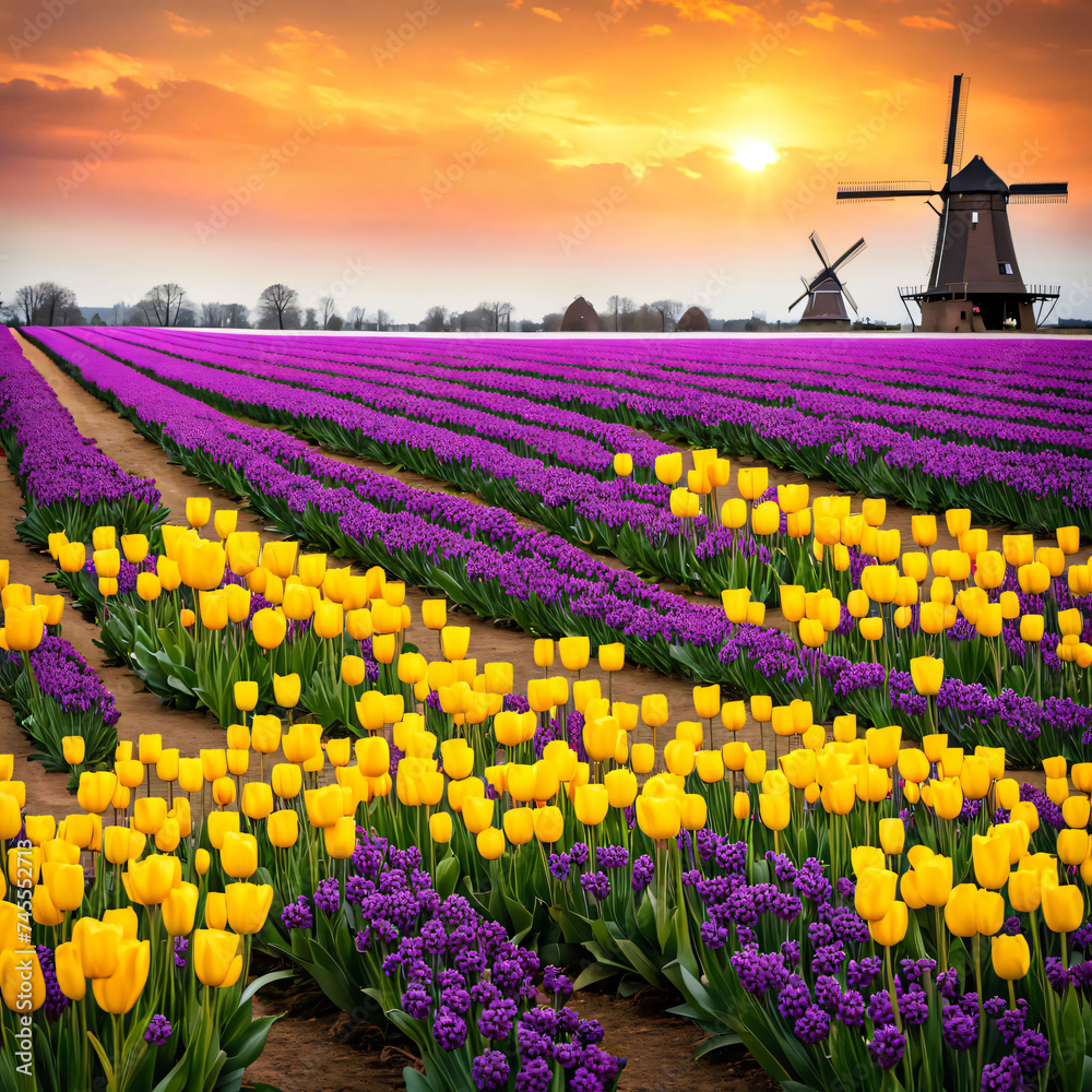 brilliant fields of tulips in purple red and yellow blooming with a classic dutch windmill