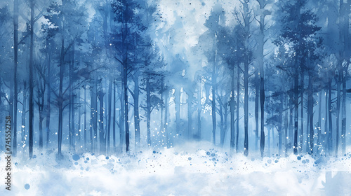 Watercolor winter snow forest and blue background, generative ai © Chaman