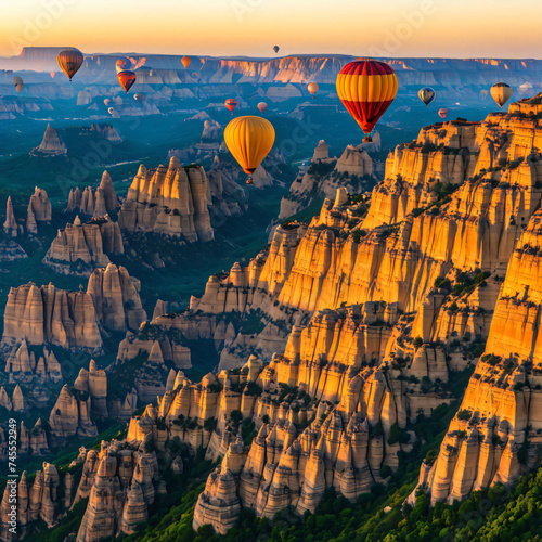 vibrantly colored hot air balloons floating over the sheer limestone cliffs at sunrise