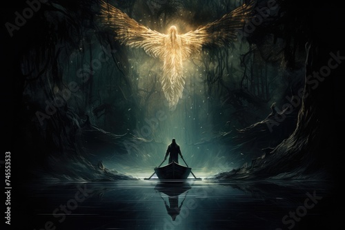 man on boat facing a legendary angel in the dark forest hd wallpaper