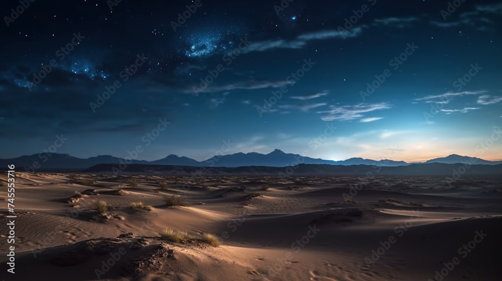 Scenic view of sandy desert under starry sky in night Desert Night Sky