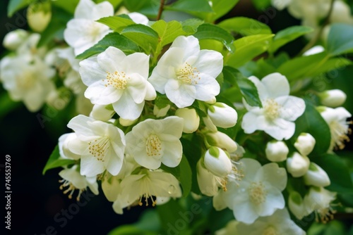 Fragrant Philadelphia jasmine flowers. White blooming botanical floral fragrant plant. Generate ai
