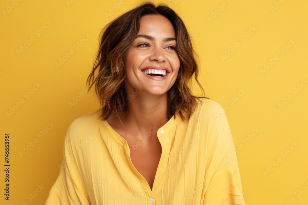 Close up portrait of beautiful young woman laughing and looking at camera over yellow background Close up portrait of beautiful young woman laughing and looking at camera over yellow background