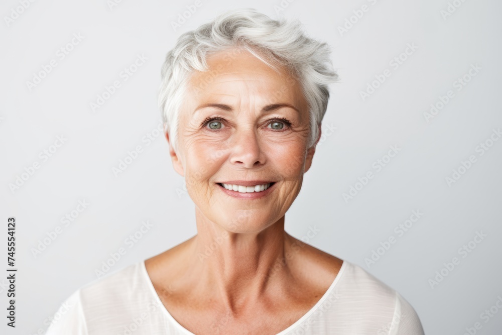 Portrait of a smiling senior woman with grey hair against grey background Portrait of a smiling senior woman with grey hair against grey background