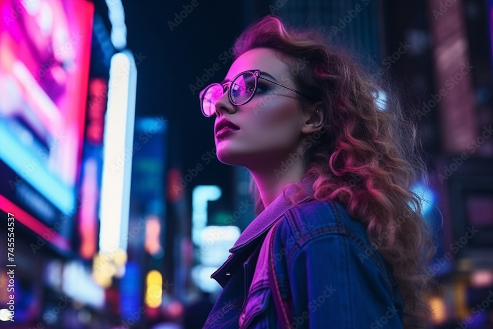 a young curly-haired tourist with light makeup in glasses looks around while standing near the bar with a colorful neon sign against the nighttime