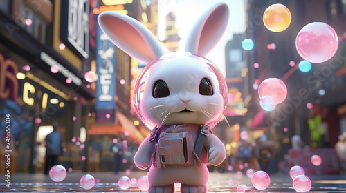 A cute bunny, rabbit cyberpunk and futuristic style with Easter eggs and modern city, night time background photo