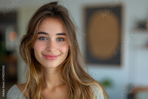 portrait of a woman looking at camera smile indoor