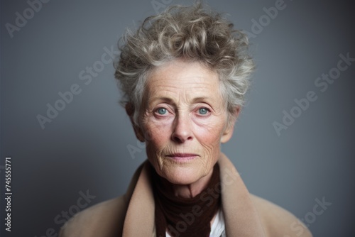 Portrait of a senior woman on grey background. Looking at camera.