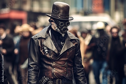 Person in steampunk attire with a gas mask and top hat standing in a busy street