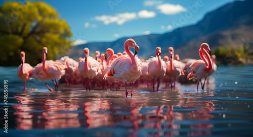 A flock of pink flamingos standing in a lake