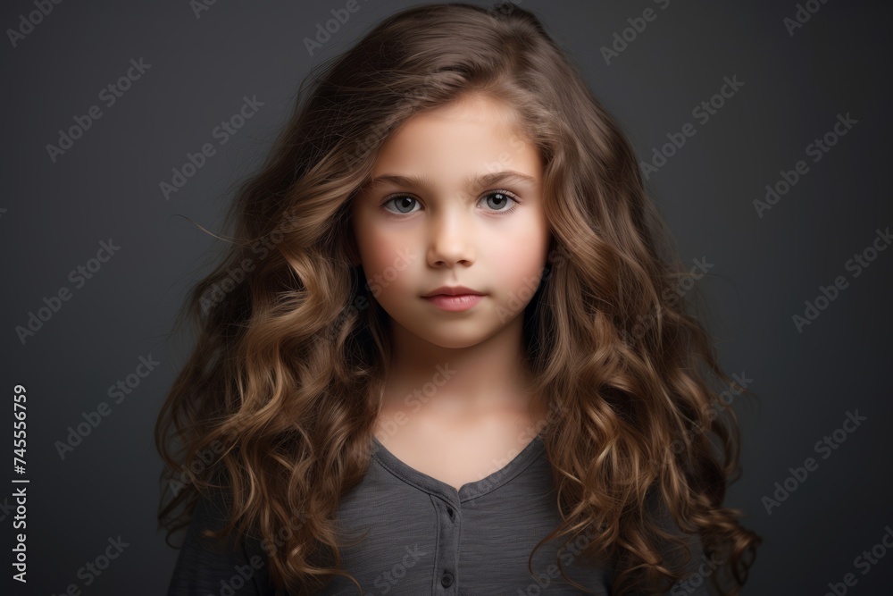 Portrait of a cute little girl with long curly hair. Studio shot. Portrait of a cute little girl with long curly hair. Studio shot.